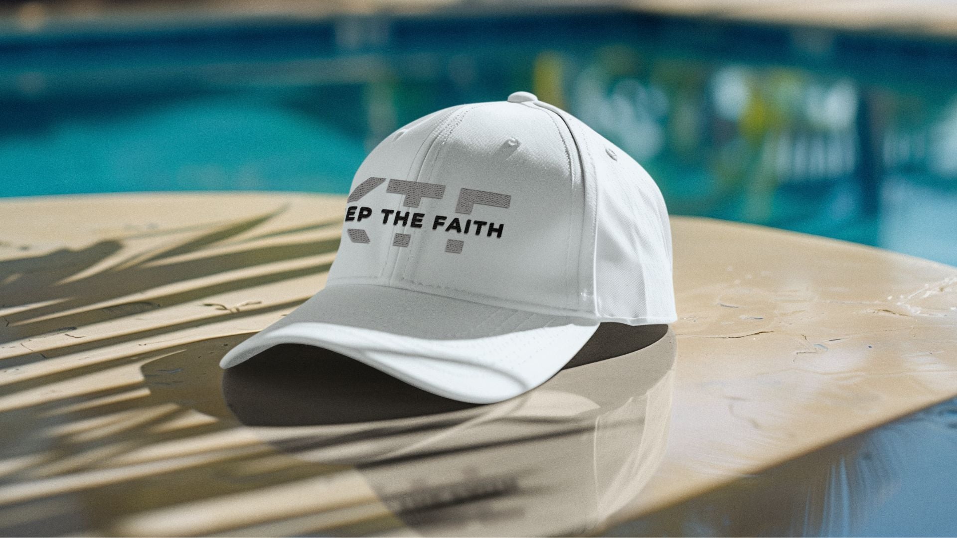 White KTF Keep The Faith cap placed by poolside in sunlight