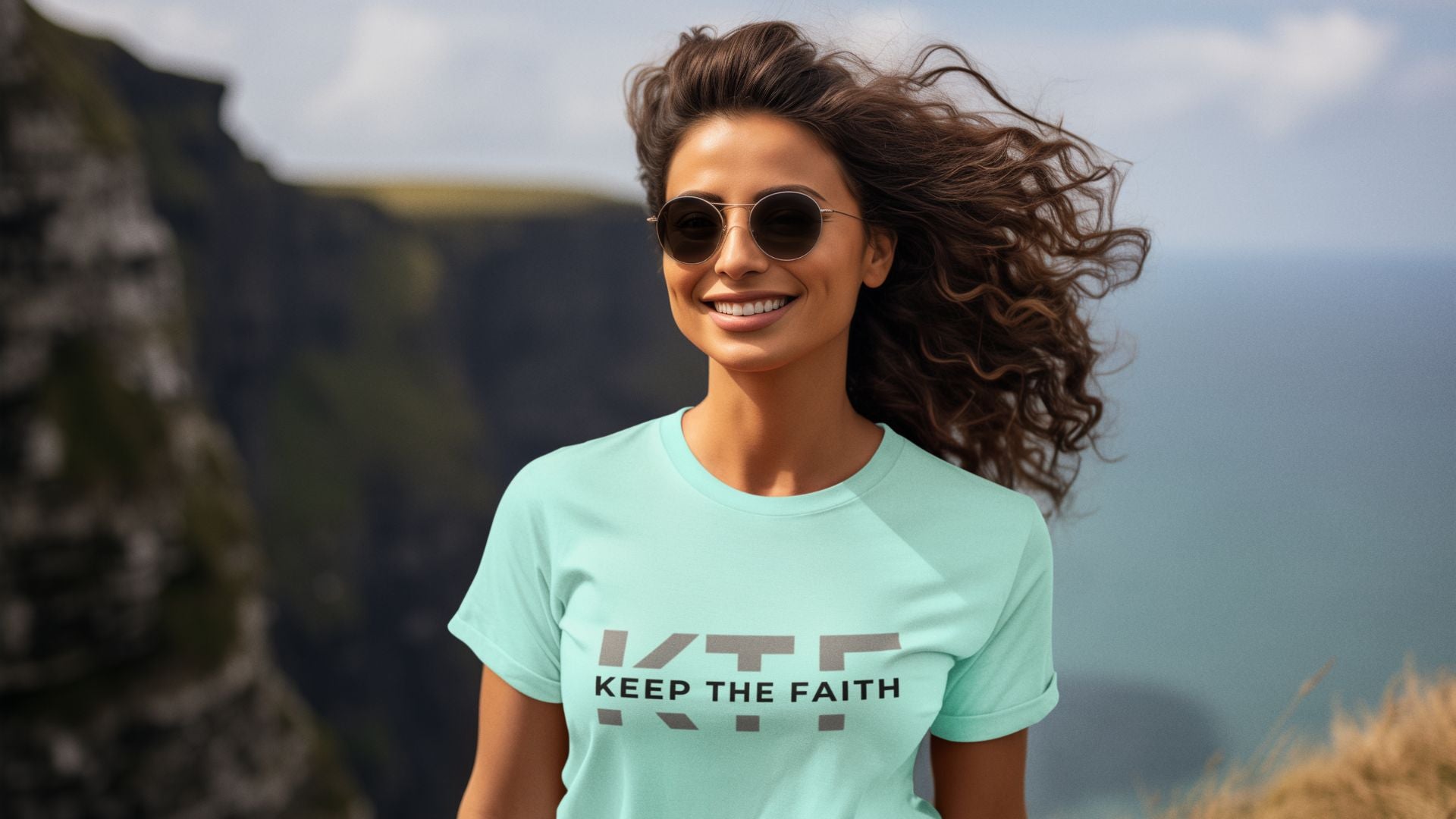 Smiling woman wearing Keep The Faith mint green t-shirt outdoors by cliffs